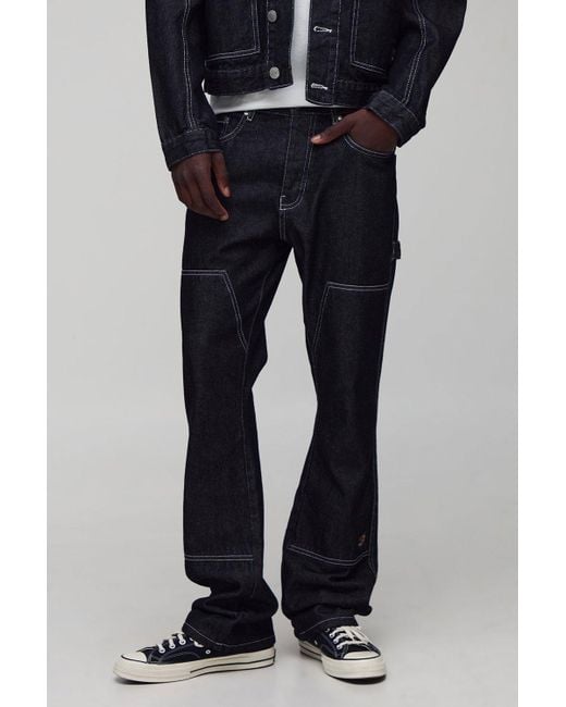 BoohooMAN Slim-Fit Schlagjeans mit Kontrast-Naht in Black für Herren