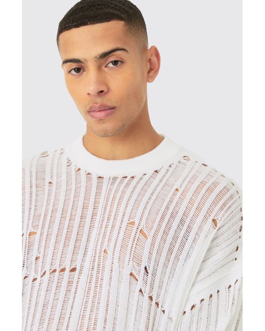 BoohooMAN Oversized Ladder Detail Open Knit Sweater In White for men