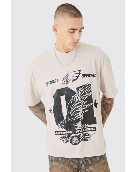 BoohooMAN Oversized Washed Eagle Varsity T-shirt in Gray für Herren