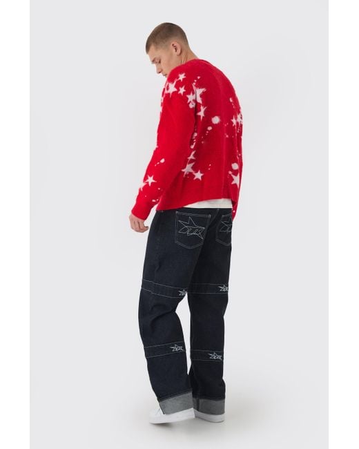 BoohooMAN Red Oversized Boxy Star Brushed Knitted Cardigan for men