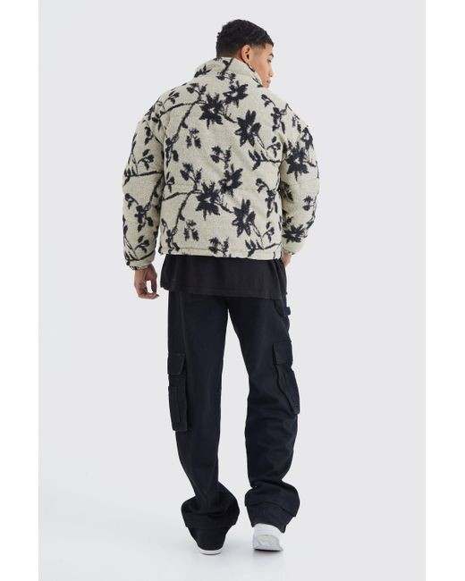BoohooMAN Black Boxy Funnel Neck Floral Jacquard Puffer for men