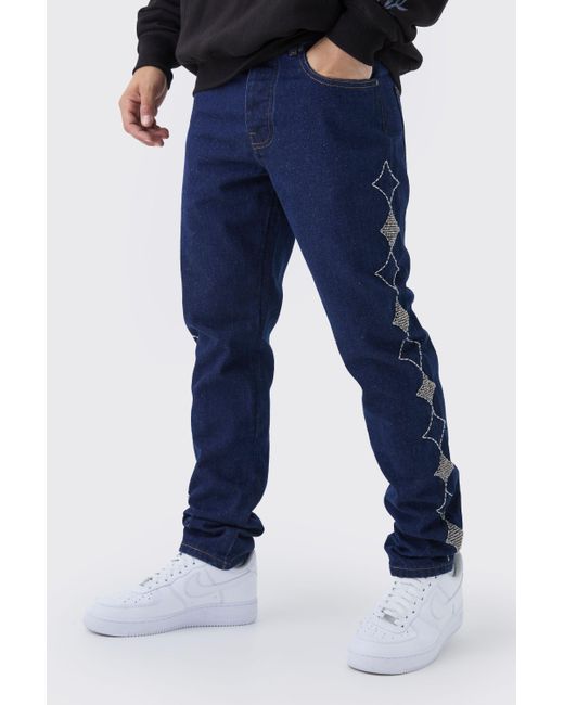 BoohooMAN Men's Blue Slim Rigid Star Embellished Jeans