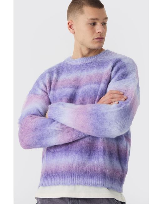 BoohooMAN Men's Purple Oversized Boxy Brushed Stripe Knitted Sweater