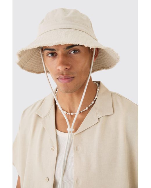 BoohooMAN Natural Raw Hem Canvas Bucket Hat In Beige for men