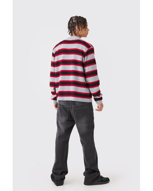 BoohooMAN Red Oversized Long Sleeve Stripe Knit Shirt In Black for men
