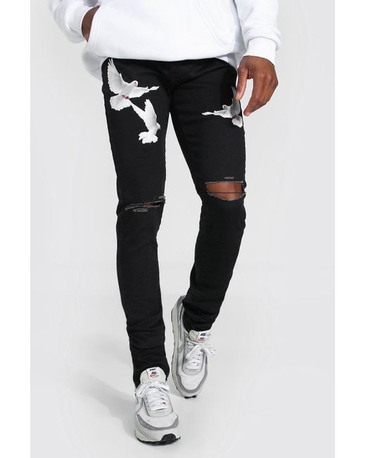BoohooMAN Skinny Stretch Stacked Dove Print Jeans in Black for Men | Lyst