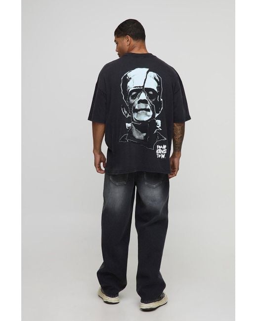 BoohooMAN Blue Oversized Extended Neck Frankenstein Halloween Acid Wash License Printed T-Shirt for men