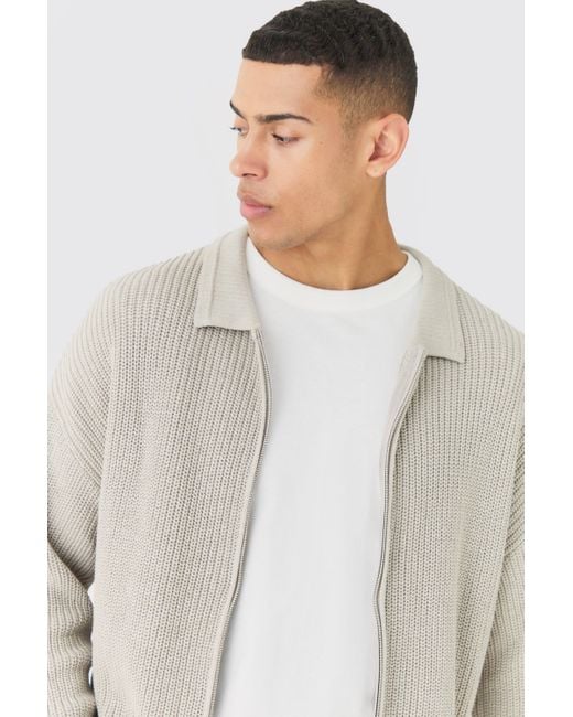 BoohooMAN White Regular Fit Dual Zip Through Fisherman Knit Sweater for men
