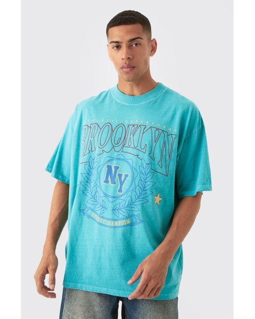 BoohooMAN Blue Oversized Extended Neck Wash Varsity Brooklyn Print T-shirt for men