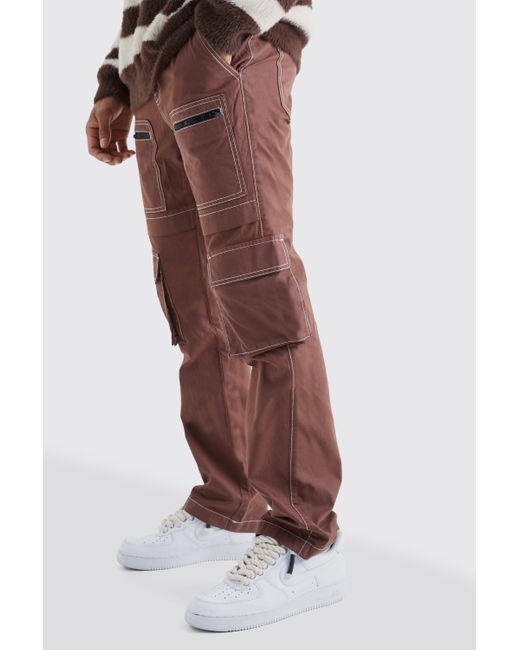 BoohooMAN Brown Slim Multi Zip Cargo Pocket Contrast Stitch Trouser for men