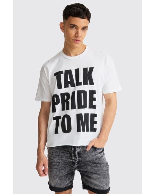 BoohooMAN Oversized Boxy Talk Pride To Me Distressed T-shirt in White für Herren