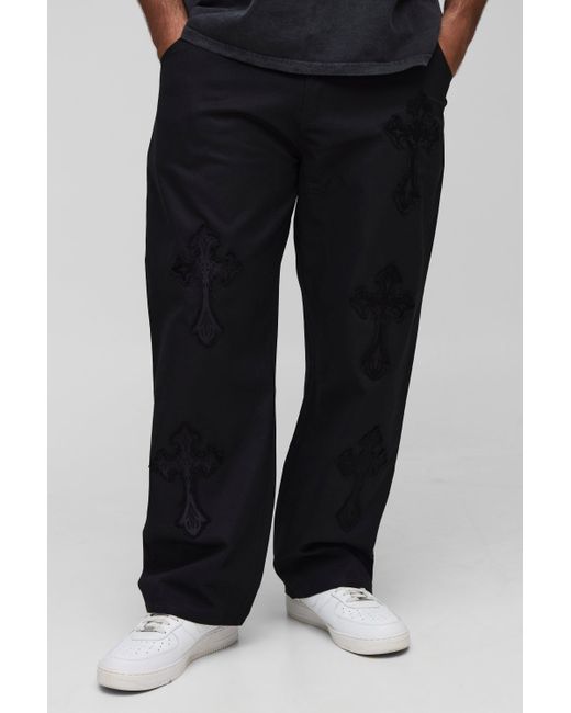 Boohoo Black Plus Fixed Waist Cross Applique Relaxed Pants