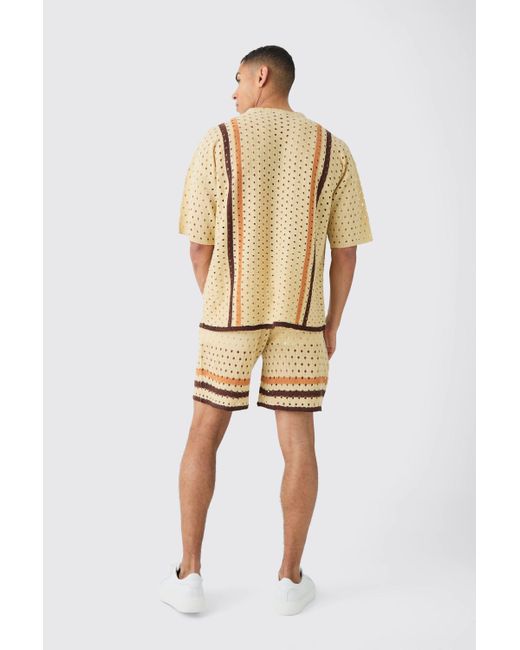 BoohooMAN Natural Oversized Open Stitch T-shirt Short Knitted Set for men