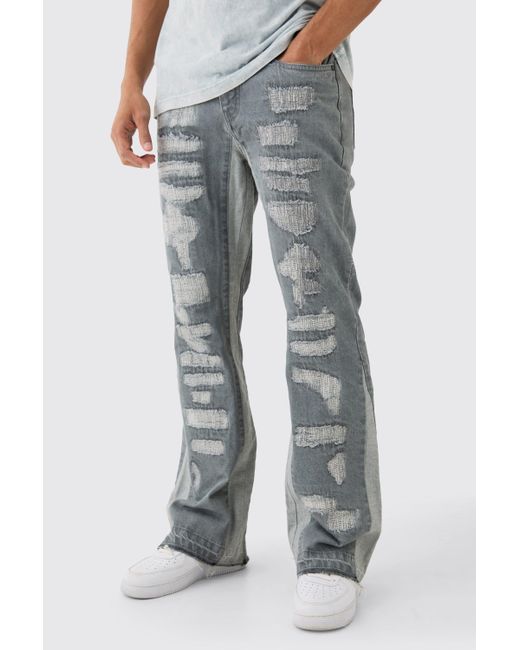 Boohoo Gray Slim Flare Rigid All Over Rip & Repaired Jeans In Antique Grey