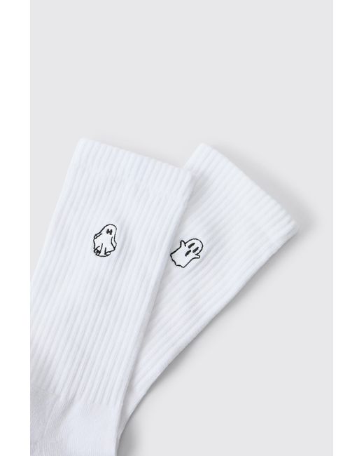 BoohooMAN White 2 Pack Halloween Ghost Embroidered Socks for men