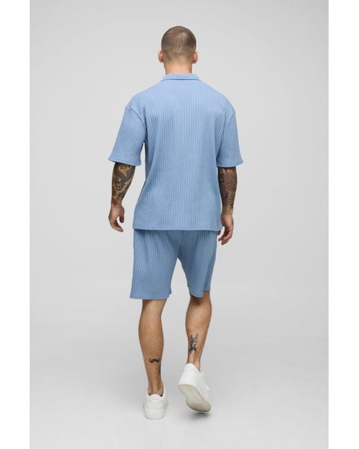 BoohooMAN Strukturiertes geripptes Oversize Jersey-Hemd und Shorts in Blue für Herren
