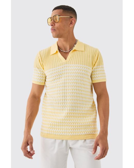 Boohoo Yellow Regular V Neck Stripe Knitted Polo