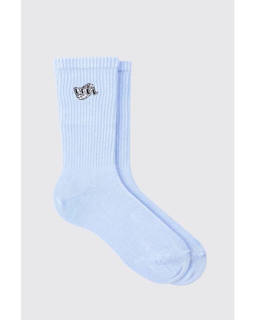 BoohooMAN Acid Wash Ofcl Embroidered Socks In Light Blue for men