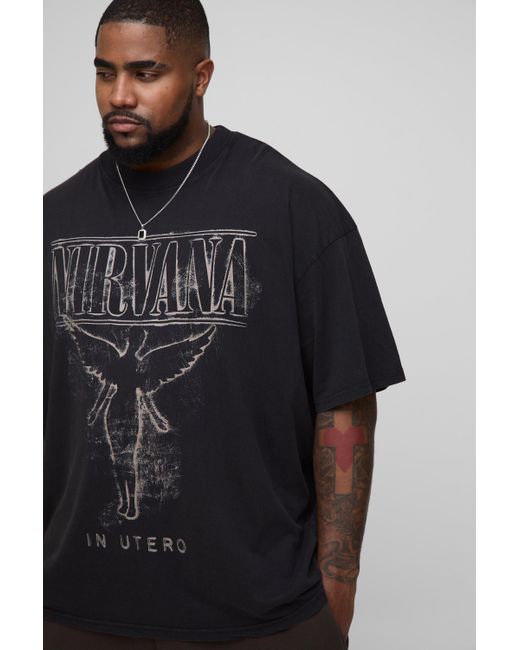 BoohooMAN Plus Oversize T-Shirt mit Acid-Waschung und lizenziertem Nirvana-Print in Black für Herren