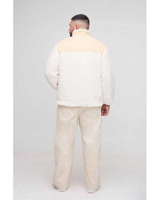 BoohooMAN White Plus Regular Fit Borg Zip Through Nylon Panel Funnel Neck Jacket for men