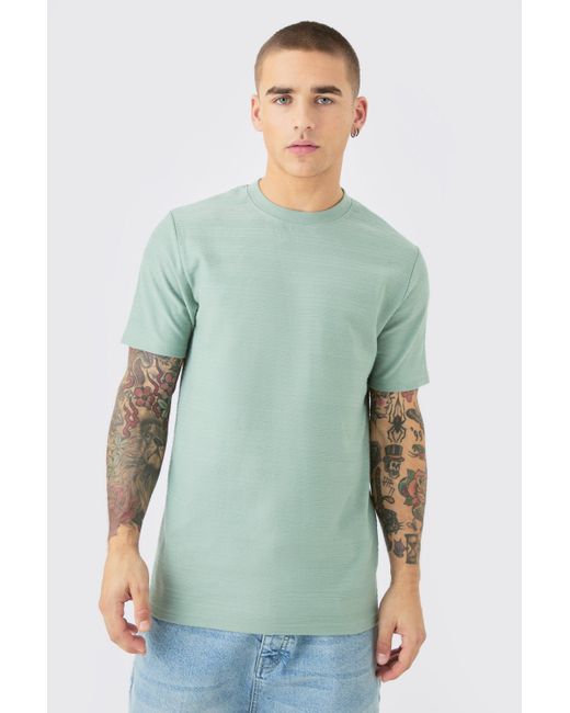 BoohooMAN Green Slim Jacquard Raised Striped T-shirt for men