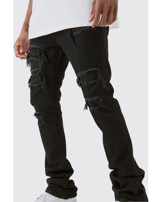 BoohooMAN Black Tall Skinny Stacked Distressed Ripped Jeans for men