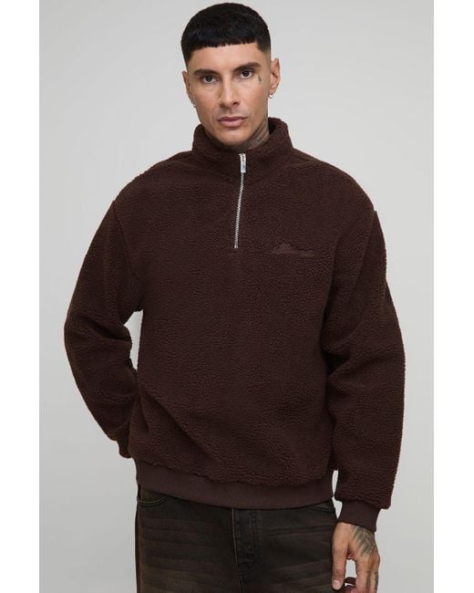 BoohooMAN Men's Brown Tall Oversized Borg Bhm Embroidered Zip Up Sweat