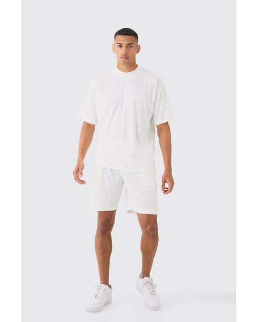 BoohooMAN White Oversized Burnout Towelling Jacquard T-shirt & Short Set for men