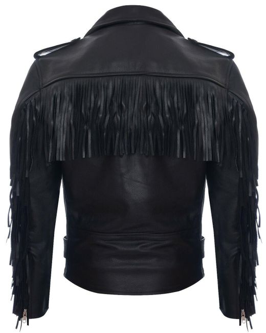BoohooMAN Black Infinity Leather Fringe Hide Leather Brando Tasseled Motorcycle Biker Jacket for men