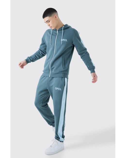 BoohooMAN Blue Ofcl Slim Zip Through Contrast Colour Block Hooded Tracksuit for men