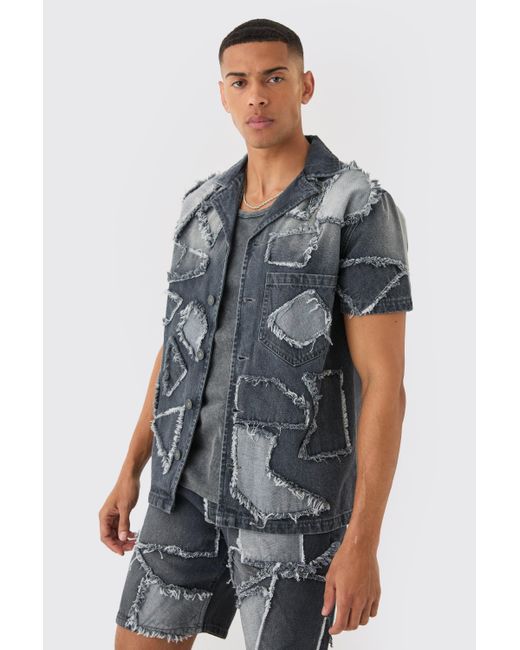 BoohooMAN Distressed Patchwork Revere Denim Shirt In Charcoal in Gray für Herren