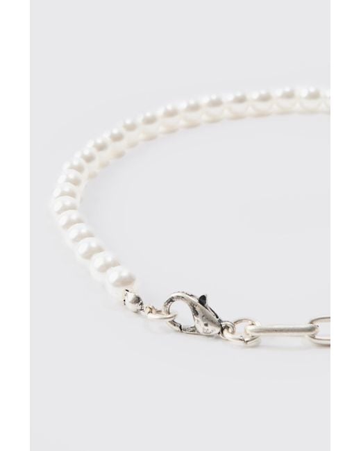 BoohooMAN White Pearl & Chain Necklace In Silver for men