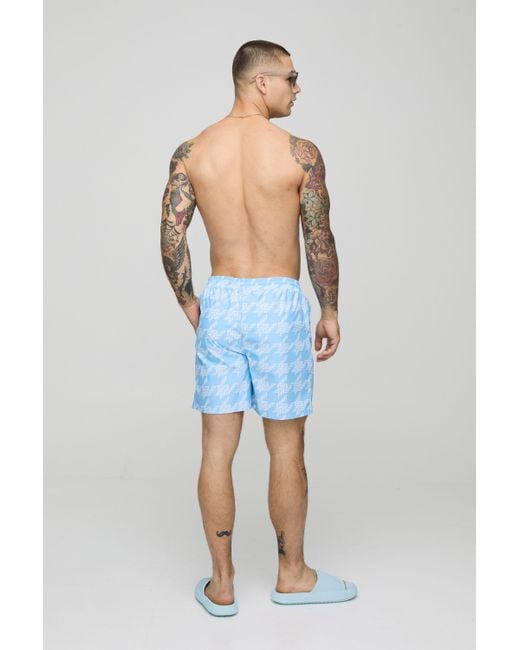 BoohooMAN Blue 2 Pack Houndstooth And Plain Mid Length Swim Short for men