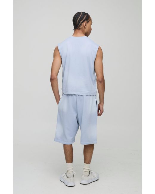 Pantalón Corto Oversize De Tela Jersey Con Lavado A La Piedra E Incrustaciones Boohoo de color Blue