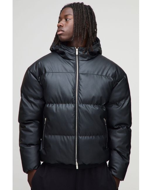 Regular Fit Pu Panelled Hooded Puffer Jacket Boohoo de color Black