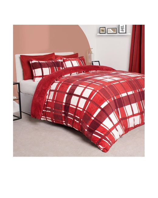 BoohooMAN Red Ohs Teddy Fleece Duvet Cover Set Pillowcase Bedding Check for men