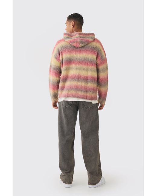 BoohooMAN Pink Oversized Boxy Ofcl Brushed Ombre Stripe Knitted Zip Through Hoodie for men