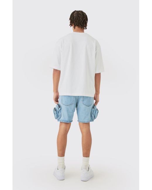 BoohooMAN Slim Fit 3d Cargo Pocket Denim Shorts In Light Blue für Herren