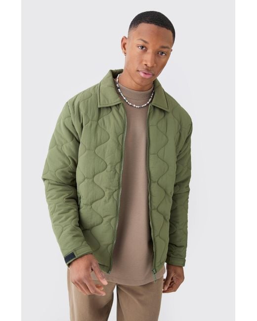 BoohooMAN Green Onion Quilted Collared Jacket for men