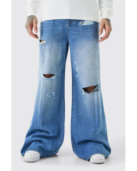 BoohooMAN Blue Tall Extreme Baggy Frayed Self Fabric Applique Jeans for men