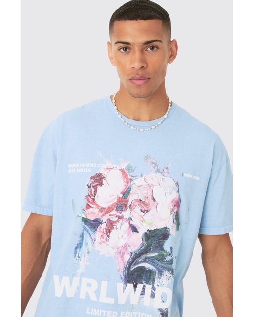 BoohooMAN Oversized Painted Floral Print T-shirt in Blue für Herren
