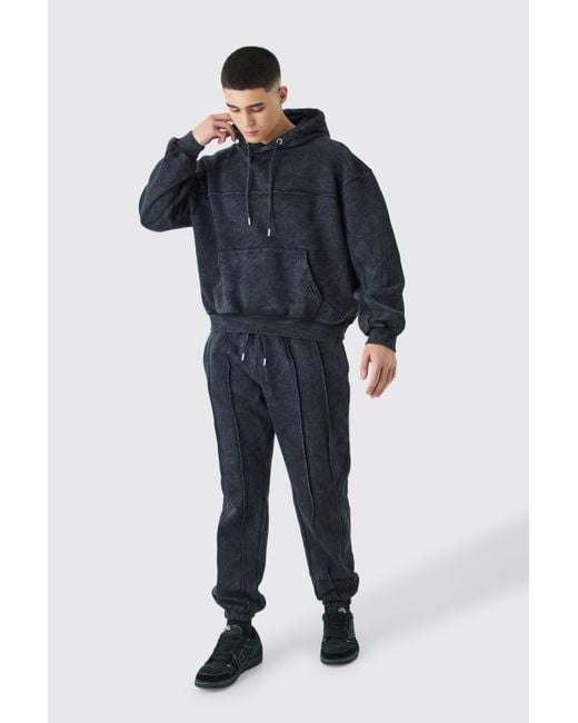 BoohooMAN Blue Oversized Boxy Seam Detail Washed Hooded Tracksuit for men