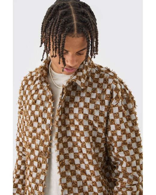 BoohooMAN Brown Boxy Checkerboard Distressed Checked Overshirt for men