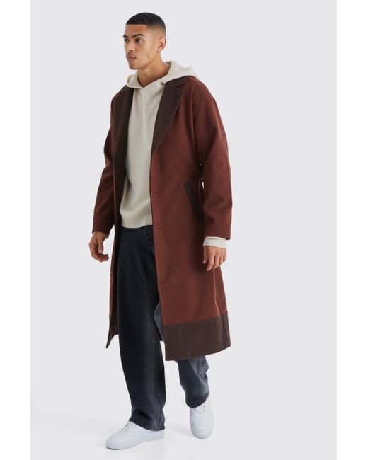 BoohooMAN Brown Longline Colour Block Belted Overcoat for men