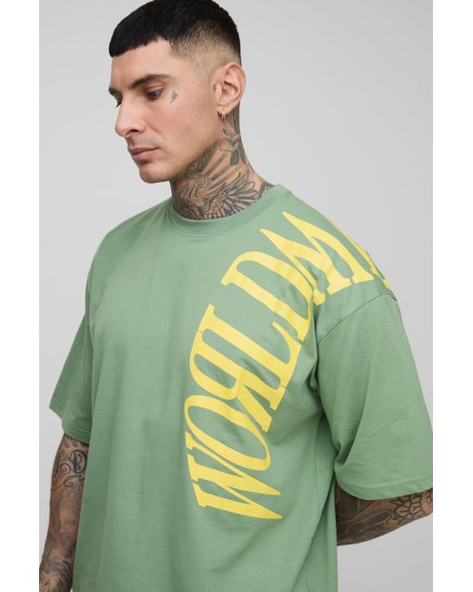 BoohooMAN Green Tall Oversized Worldwide Over Seam Print T-Shirt & Short Set for men
