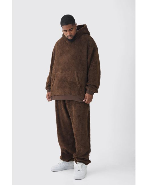 BoohooMAN Brown Plus Borg Oversized Hooded Tracksuit for men