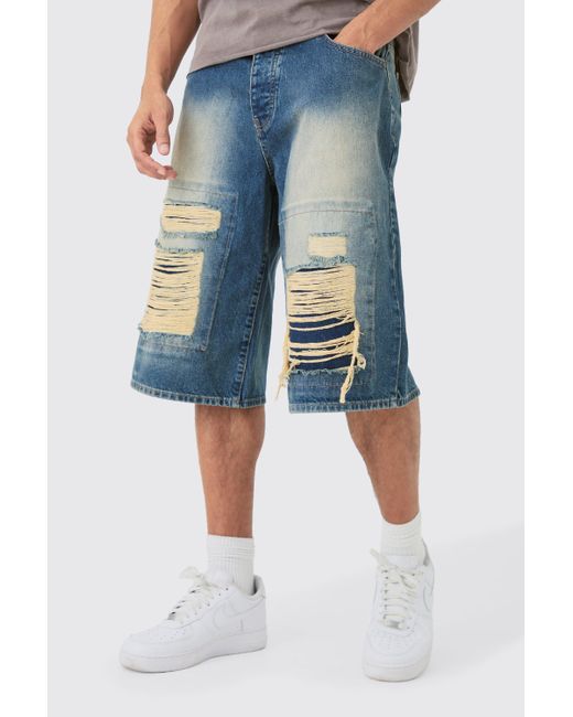 BoohooMAN Rigid Extreme Ripped Denim Jorts In Antique Blue for men