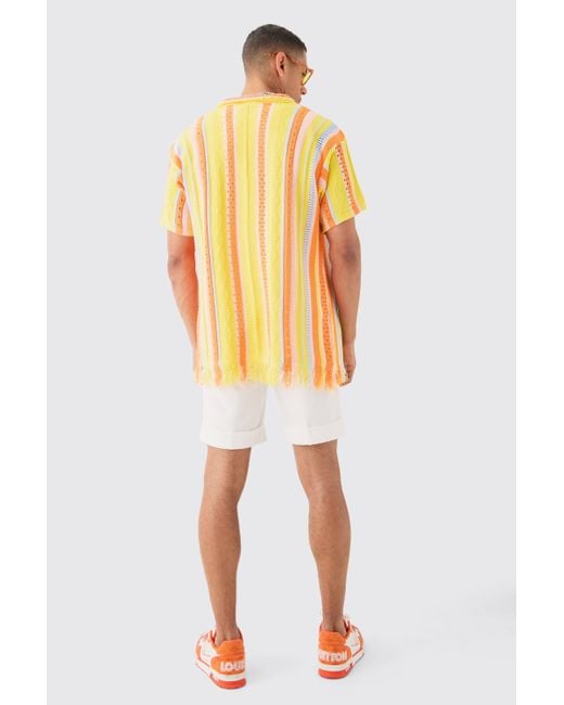 BoohooMAN Oversized Boxy Open Stitch 3d Knit Shirt In Yellow for men