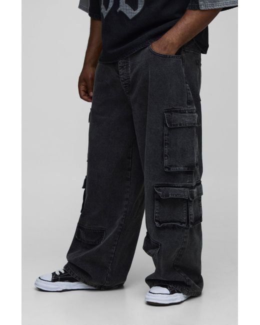 BoohooMAN Black Plus Relaxed Fit Acid Wash Cargo Jeans for men