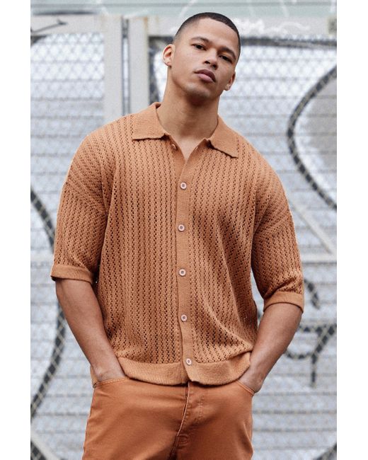 BoohooMAN Natural Open Stitch Short Sleeve Knitted Shirt In Taupe for men